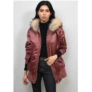 Burberry Coat Longline Bomber Jacket with Fur Trim Hood in Antique Rose Medium